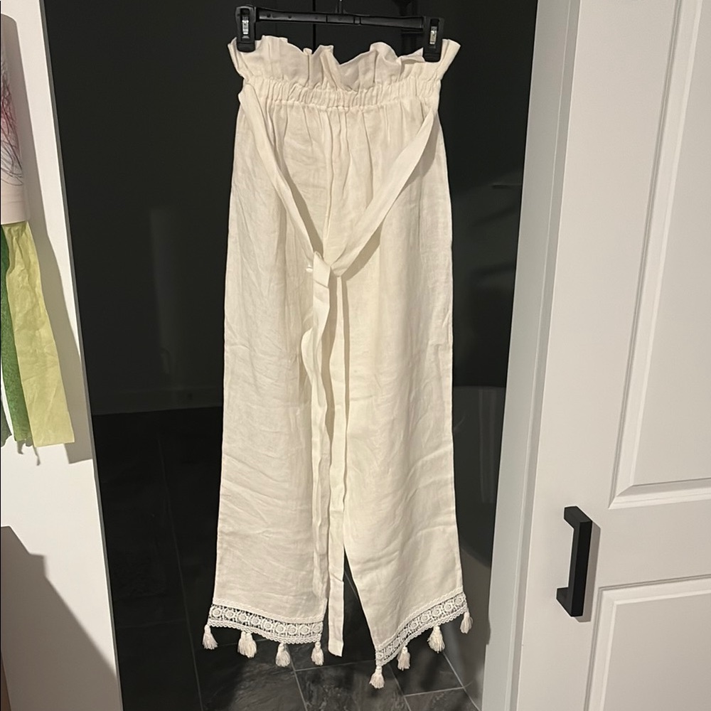 NWOT Waimari White Tassel Trim Wide-Leg linen  Pants